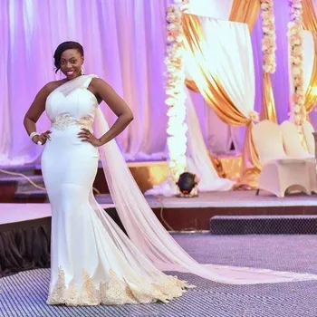 2020 Sul-Africano, Um Ombro Vestidos De Noiva Sereia Sexy Vestidos De Noiva Champanhe Apliques De Renda Watteau Vestidos De Noiva