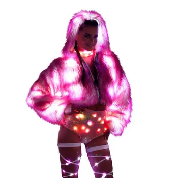 LED Tron Dança Fantasia de Mulher Dançarina de Luz Até Roupas de Peles Casaco de Bar, Boate, Festa de Natal Rave Roupa Brilho Jaqueta de Desgaste