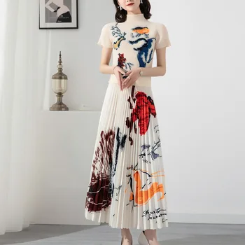 Miyake plissado moda terno das mulheres a primavera e o verão milho novo plissado impresso topo de cintura alta grande balanço saia de duas peças de conjunto