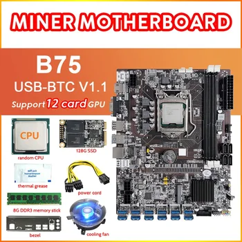 B75 12Card Mineração placa-Mãe+CPU+Fã+massa Térmica+8G DDR3 RAM+128G SSD+Alimentação+Cabo de Defletor 12USB3.0 LGA1155 DDR3 MSATA