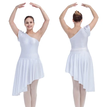 Branco Brilhante Collant De Lycra Dança Vestido De Saias, Um Ombro Desempenho Traje De Dança Latina