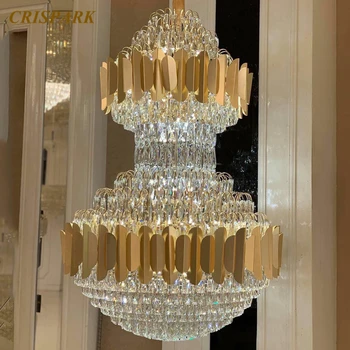 Moderno e Luxuoso Lustre de Cristal de Iluminação Golden Inox Pingente de Cristal Pendurado Lâmpada para a Escadaria do Hotel