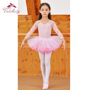 Nova cor-de-Rosa Fantasia de Bailarina Crianças Collant de Dança Tutu Vestido de Mangas compridas Flor de Renda de Roupa para Meninas
